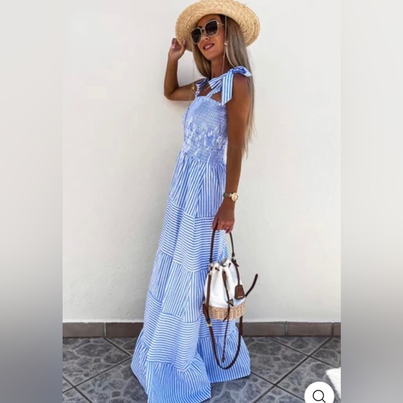 MARTINE Shirred Striped Maxi Dress - BLUE NWT - Picture 4 of 10